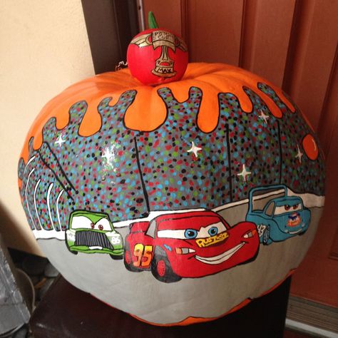 Disney cars hand painted pumpkin lightning mcqueen, chick hicks, huge pumpking, halloween DIY crafts, paint , art Painted Disney Pumpkins, Lightning Mcqueen Pumpkin Painting, Cars Pumpkin Painting, Mcqueen Pumpkin Painting, Painting Ideas Lightning, Mater Pumpkin, Lightning Mcqueen Pumpkin, Cars Pumpkin, Cute Painted Pumpkin Ideas