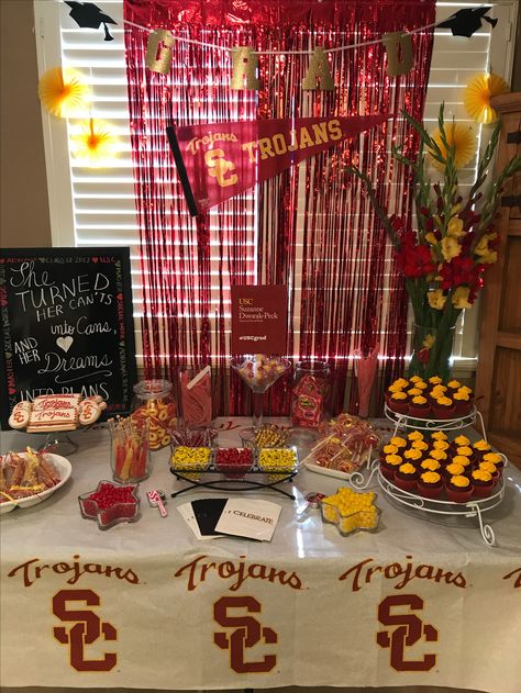 USC grad candy and dessert table. Candy, red velvet cupcakes, cake pops, cookies, chocolate dipped pretzels and more! Usc Party Decorations, Usc Grad Party, Usc Party Ideas, Usc Graduation Party Ideas, Usc Graduation Party, Usc Party, Usc Aesthetic, Graduation Decorations 2023, Birthday Party Decorations For Women