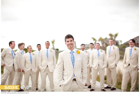 Light khaki and blue Beige Groomsmen Suits Blue Bridesmaid Dresses, Groom Blue Suit Groomsmen Khaki, Blue And Tan Beach Wedding, Blue Groom Suit Tan Groomsmen, Light Blue Bridesmaid Tan Groomsmen, Beach Wedding Groomsmen, Wedding Groomsmen Attire, Linen Suits, August Wedding