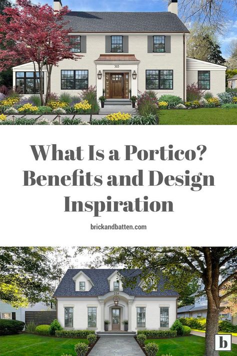 Your home’s entryway is one of the most important aspects of its exterior design — and porticos are an aesthetically appealing and functional way to accentuate it. Check out this post to learn what a portico is, the benefits of porticos, how a portico differs from a porch, and design inspiration for using one of these design elements on your façade. Portico Without Columns, Porch Portico Ideas, Portico Addition Before And After, Portico Before And After, Portico Ideas Entrance, Pergola Ideas For Front Of House, Add Portico To Front Door, Front Portico Ideas Entryway, Front Entrance Ideas Exterior Entryway