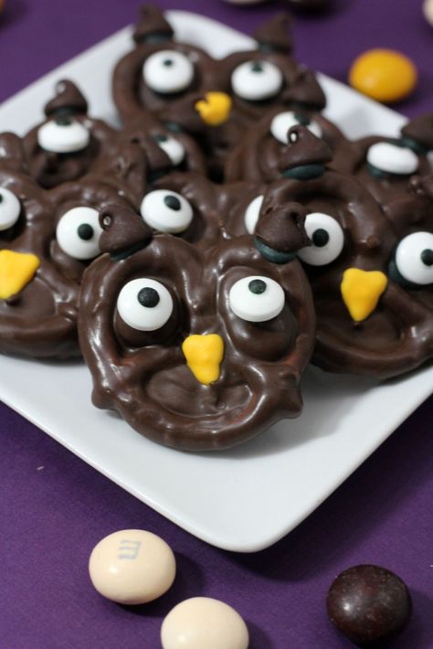 Chocolate Pretzel Owl Treats perfect for Halloween! Owl Desserts, Owl Snacks, Halloween Meals, Owl Treats, Dipped Treats, Fall Goodies, Pretzel Snacks, Owl Cookies, Easy Halloween Party