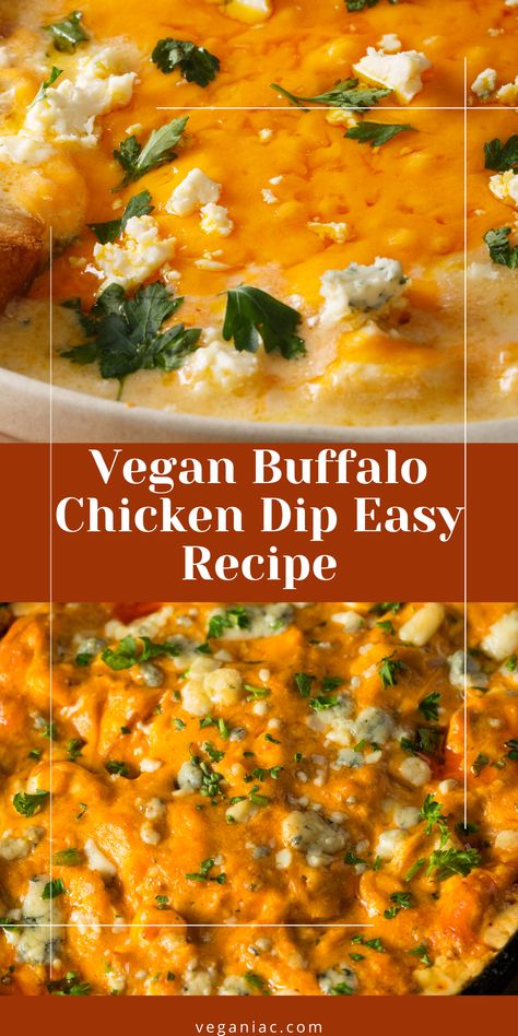 I present you my latest creation of Vegan Buffalo “chick’in” dip”! It has a similar taste to buffalo chicken wings but in a dip version. Prepared with red and fiery buffalo sauce. This recipe is so easy to make and you’ll need no cream cheese or ranch dressing to make it. Vegan Buffalo Chicken Dip, Buffalo Chicken Dip Easy Recipes, Vegan Buffalo Chicken, Dinner Party Entrees, Vegan Pulled Pork, Buffalo Dip, Buffalo Chicken Dip Easy, Dip Easy, Cheese Vegan