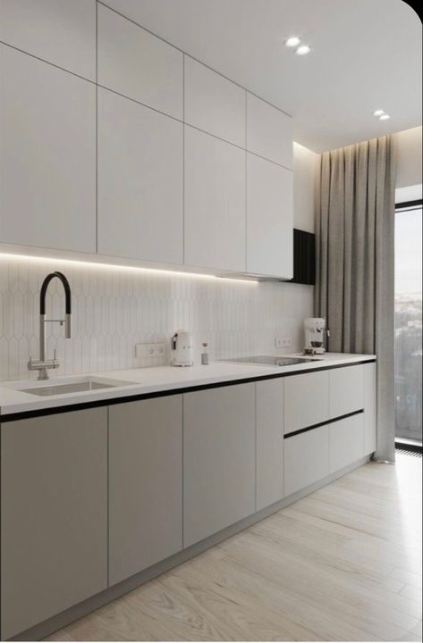 Taupe White Kitchen, White And Wood Apartment, White Glossy Kitchen Cabinets Modern, White Gloss Handless Kitchen, Beige And White Kitchen, Grey And White Gloss Kitchen, Glossy White Kitchen, White Glossy Kitchen, Minimal Kitchen Design