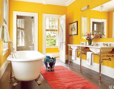 A sunny yellow adds a cheerful and playful vibe to even a more traditional bathroom. This bright marigold shade which... Bright Bathroom Colors, Colorful Bathrooms, Best Bathroom Paint Colors, Best Bathroom Colors, Bathroom Decor Colors, Bad Accessoires, Bright Bathroom, Bathroom Paint Colors, Yellow Bathrooms