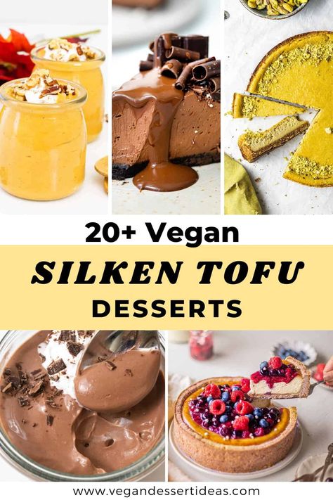 These silken tofu dessert recipe ideas are perfect for summer! Silken tofu makes vegan desserts creamy and protein rich. Of course these recipes are all dairy-free and eggless too, with many of them being suitable for gluten-free diets too. You'll find tasty and easy recipes for tofu chocolate mousse, vegan cheesecakes, vegan puddings and more! Easy Vegan Dessert Healthy, Silken Tofu Tiramisu, Silken Tofu Chia Pudding, Vegan Mousse Recipes, Silken Tofu Deserts, Soft Tofu Dessert, Soft Tofu Dessert Recipes, Silken Tofu Muffins, Tofu Dessert Recipes Healthy