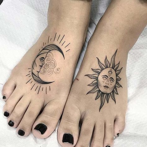 Tattoos Sun And Moon, Sun And Moon Tattoo Ideas, Sun And Moon Tattoos, Moon Tattoo Ideas, Vintage Style Tattoos, Sun And Moon Tattoo, Floral Thigh Tattoos, Tiny Wrist Tattoos, Moon Tattoos