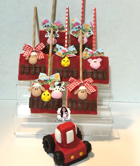 Farm Rice Krispie Treats, Farm Animal Party, Toy Story Theme, Chocolate Covered Treats, Farm Party, Rice Krispie Treats, Sweet Table, Candy Buffet, Krispie Treats