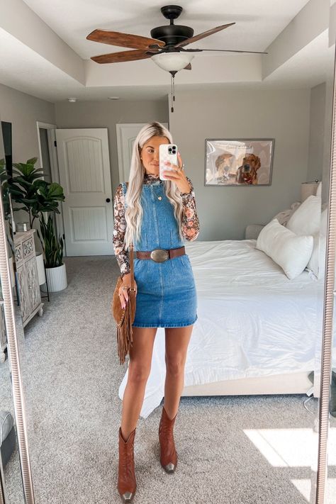 Women's Denim Shirt Dress curated on LTK Western Jean Dress Outfit, Denim Dress Cowgirl Outfit, Denim Dress Western Outfit, Long Cowboy Boots Outfit, Blue Jean Dress Outfit, Denim Dress With Boots, Demin Dress Outfit, Taylor Concert Outfit, Jean Dress Outfit