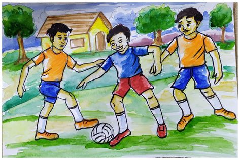 Drawing kids playing football step by step sketch and painting for beginners. Please watch on YouTube, link is in web. Subscribe please. Football Memory Drawing, Memory Drawing For Elementary Exam, Playing Football Drawing, Kids Playing Drawing, Memory Drawing Sketches, Intermediate Drawing, Drawing Football, Football Painting, Kids Playing Football