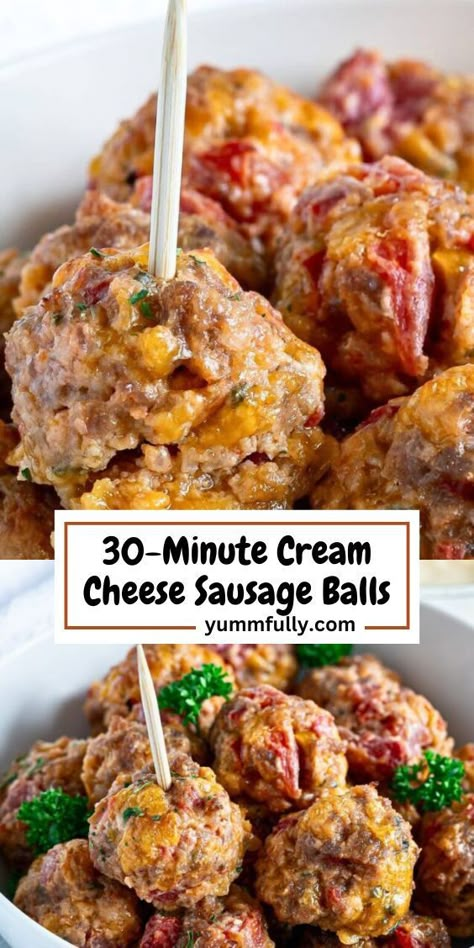 With this recipe, you are just 35 minutes and 6 ingredients away from serving a crowd-pleasing appetizer. If you are having company, these easy-to-make, cheesy, and savory Cream Cheese Sausage Balls will make both you and your guests happy! Meaty Appetizers Simple, Sausage Hors D’oeuvres, Christmas Meat Appetizers, Best Sausage Balls Ever, Soft Appetizers, Cream Cheese Meatballs, Meatball Recipes Appetizer, Italian Sausage Balls, Easy Hors D’oeuvres