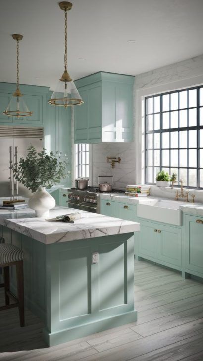 Gray And Turquoise Kitchen, Aegean Teal Kitchen, Teal Kitchens, Green Kitchen Cabinet, Diy Farmhouse Kitchen Decor, Kitchen Remodel Plans, Aqua Kitchen, Kitchen Cabinet Color Ideas, Turquoise Kitchen