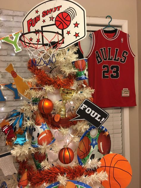 Sport Christmas Tree, Basketball Christmas Party, Basketball Christmas Tree, Sports Christmas Tree, March Madness Parties, Basketball Christmas, Kids Tree, Basketball Theme Party, Christmas Trees For Kids