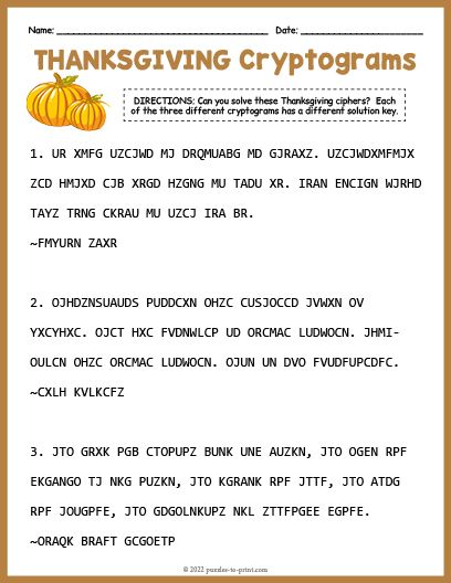 Here are three Thanksgiving cryptograms based on quotes. Print them out and solve them at your leisure, or use them for your classroom if you wish. Thanksgiving Escape Room For Kids Free, Free Printable Thanksgiving Crossword Puzzles, Thanksgiving Logic Puzzles, Thanksgiving Crossword Free Printable, Thanksgiving Cryptogram, Thanksgiving Puzzle, Free Printable Thanksgiving, Printable Thanksgiving, Word Search Puzzles