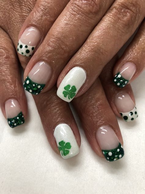 Dublin Nails, Short Acrylic Nails Square St Patricks Day, White Nails With Shamrock, Green Clover Nails, St Patrick’s Day Pedicure, Megan Nails, Football Meals, March Nail Designs St. Patrick's Day, Green St Paddy’s Day Nails