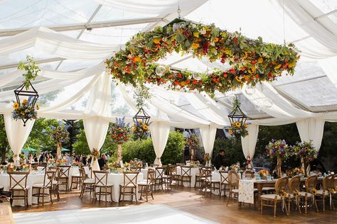 Ashley and Nathan’s Sunflowers and Butterfly’s Garden Wedding in Colorado by Elevate Photography Gala Inspiration, Hanging Wedding Decorations, Wedding Flower Trends, Flower Ceiling, Wedding Ceiling, Corporate Events Decoration, Secret Garden Wedding, Flowers And Greenery, Floral Chandelier