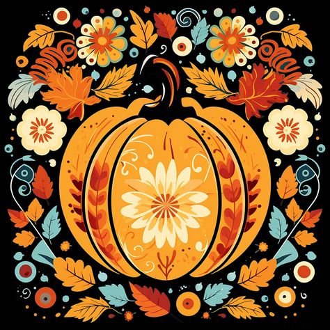 Mexican Fall Aesthetic, Folk Art Pumpkin, Autumn Folk Art, Vintage Pumpkin Illustration, Fall Design Ideas, Cute Fall Art, Halloween Illustration Art, Fall Folk Art, Folk Art Illustration