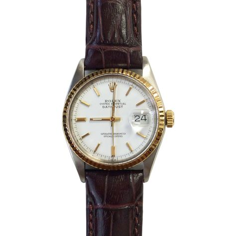 Vintage Rolex Datejust 1601 with leather strap. Men Essentials, Watch Leather Strap, Time Keeper, Rolex Watch, Vintage Rolex, Oyster Perpetual, Brown Leather Strap, White Dial, Rolex Datejust