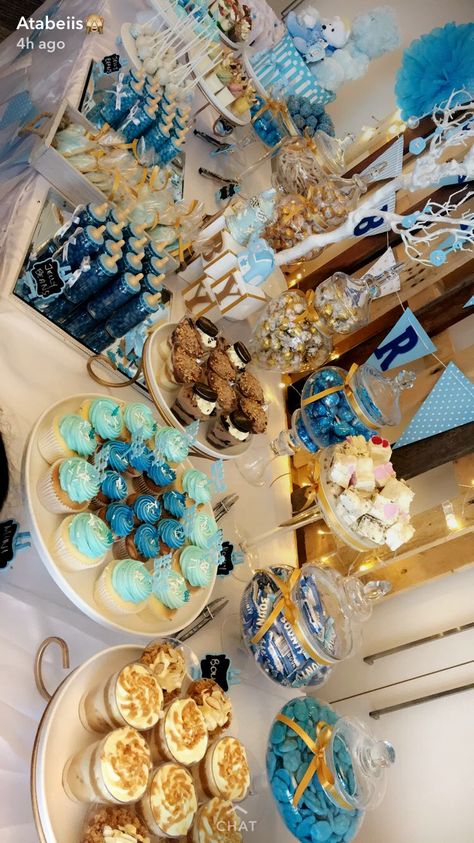 Blue Desserts Table, Dessert Table Ideas Blue And Gold, Blue Gold White Birthday Theme, Brown Candy Table, Blue Sweets Table, Blue And Gold Dessert Table, Blue Foods For Party, Blue Dessert Table, Blue Candy Table