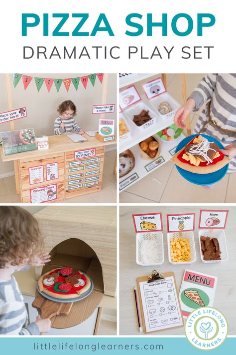 Pizza Shop Dramatic Play - Little Lifelong Learners Role Play Pizza Shop, Pretend Pizza Shop, Dramatic Play Set Up, Pizza Dramatic Play Printables Free, Dramatic Play For Preschoolers, Pizza Activities For Preschool, Pizza Role Play, Pizza Dramatic Play, Pizza Shop Dramatic Play