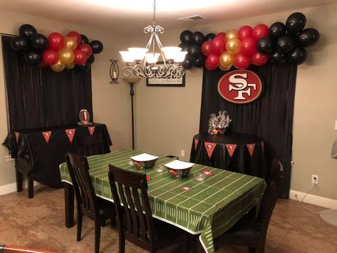 DIY 49ers party decor. I love the way this all turned out! Everything was diy and all 49ers logos and banners were printed out so saved slot of money there. I love saving a few bucks by being able to do it myself❤️ Mens 49th Birthday Party Ideas, Niners Superbowl Party, Diy 49ers Party Decorations, San Francisco 49ers Party Ideas, Superbowl Party Food Ideas 49ers, San Francisco 49ers Party Decorations, 49ners Birthday Ideas, 49ers Birthday Party Decorations Football Themes, Super Bowl Party Decorations 49ers