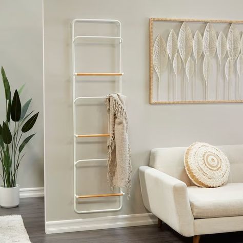 Grayson Lane White 6 Rack Fir Wall-mount Blanket Ladder in the Blanket Ladders & Storage department at Lowes.com Wall Ladder, Ladder Storage, Organize Your Bathroom, Towel Stand, Blanket Ladder, White Blanket, Linen Sheets, Towel Holder, Wall Spaces