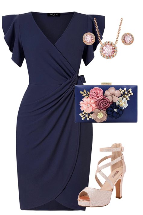 Wedding guest dress, cocktail dress, rose gold sandals, summer outfit, vacation outfit Navy Blue Wedding Guest Dress, Blue Wedding Guest Outfits, Blue Wedding Guest Dresses, Amazon Wedding, Dress And Accessories, Summer Wedding Guests, Navy Blue Wedding, Pink Accessories, Wedding Guest Outfit Summer