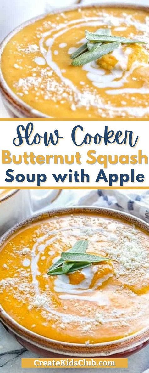 Butternut Squash soup with apple is a delicious slow cooker recipe that combines squash, apples, carrots, and coconut milk into a creamy soup the whole family will love. Slow Cooker Butternut Squash And Apple Soup, Butternut Squash Apple Soup Crockpot, Slow Cooker Butternut Squash Soup Coconut Milk, Butternut And Apple Squash Soup, Butternut Squash Soup Slowcooker, Butternut Squash Recipes Soup Crock Pots, Apple Squash Soup Recipe, Butternut Squash Soup Crockpot Coconut Milk, Healthy Butternut Squash Soup Crockpot