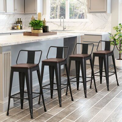 These counter bar stools, good choice for your kitchen counter, for restaurant, café, bar | Brown/ Black Counter-Height Bar Stool Set of 4 : 26" Manufactured Wood Square Seat w/ Steel Frame by Kaleo Sand & Stable™ | C004801827_716824072_716824073 | Wayfair Canada Grey Bar Stools, Island Stools, Black Counters, Kursi Bar, Stool Wood, Stools For Kitchen Island, Counter Bar, Stools With Backs, Counter Height Bar