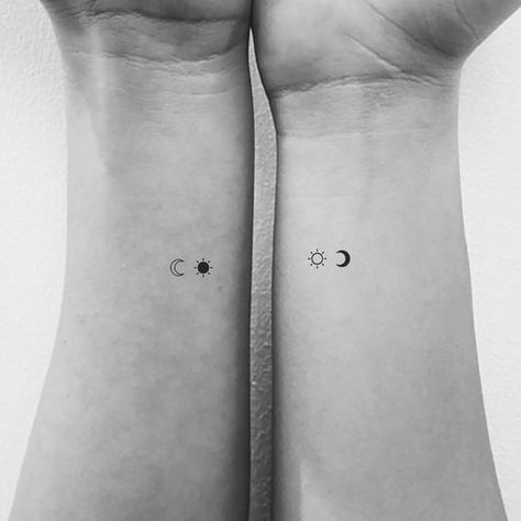 Moon And Sun Couple, Small Best Friend Tattoos, Friend Tattoos Small, Matching Bff Tattoos, Maching Tattoos, Tattoos Pinterest, Matching Friend Tattoos, Cute Matching Tattoos, Small Matching Tattoos