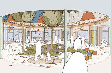 Children’s centre for west London - Haworth Tompkins Courtyard Architecture, Sketch Perspective, Nursery Trees, Landscape Architecture Diagram, Trees Autumn, Theater Architecture, Interior Architecture Drawing, Kensington And Chelsea, Architecture Sketchbook