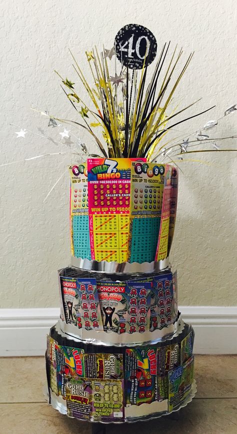 40th Birthday scratch off ticket cake Lottery Ticket Cake, Surprise Ideas For Boyfriend, Birthday Surprise Ideas For Boyfriend, Lottery Ticket Bouquet, Lottery Ticket Gift, Gift Card Bouquet, Surprise Boyfriend, Scratch Off Tickets, Lottery Ticket