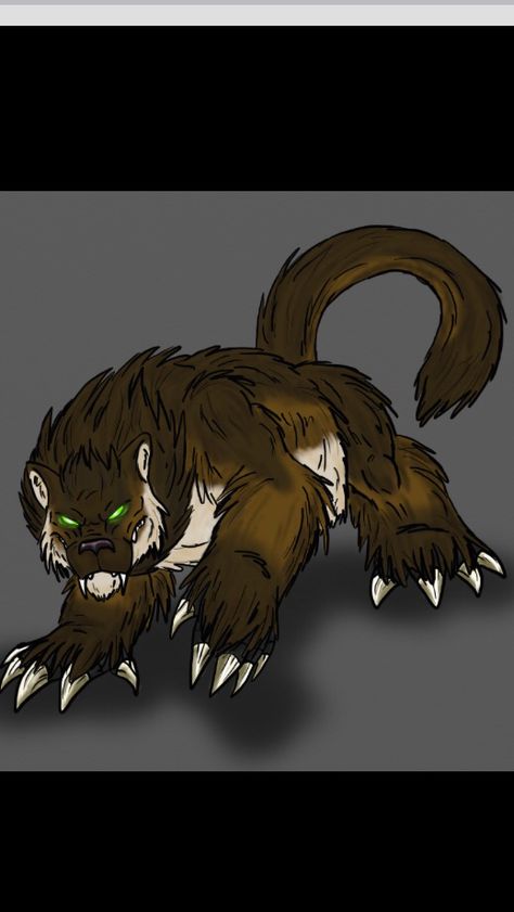 The glawackus is one of the fearsome critters, a group of legendary creatures in the folklore and traditions of lumberjacks during the 19th and early 20th centuries in North America. The Glawackus is described as looking something between a bear, panther, and a lion. It was seen in 1939 in Glastonbury, Connecticut and again in Frizzelburg, Massachusetts, where it is said to have attacked livestock. Inuit Mythology, Mythology Creatures, Bear Dogs, Call Of Cthulhu Rpg, Wolverine Art, Orange Eyes, The Boogeyman, Bear Dog, Legendary Creature