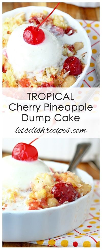 Tropical Cherry Pineapple Dump Cake Recipe | Yellow cake is filled with cherries and pineapple, then topped with a layer of toasted coconut and macadamia nuts. Serve warm with a scoop of vanilla ice cream for a real treat! Cherry Pineapple Dump Cake Recipes, Pineapple Dump Cake Recipe, Cherry Pineapple Dump Cake, Pineapple Dump Cake, Cherry Dump Cake, Dump Cake Recipe, Fruity Cake, Poke Cake Recipes, Salty Cake