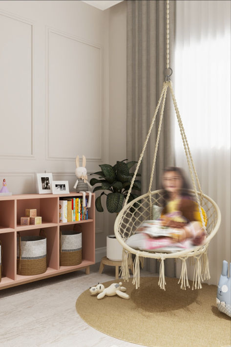 A macrame swing chair in a kid's bedroom offers a playful and cozy spot for them to relax, read, and let their imaginations roam freely, providing both fun and a tranquil retreat within their personal space. Its presence encourages creativity, comfort, and a sense of ownership over their environment. Chair Macrame, Rope Hammock Chair, Macrame Swing, Rope Hammock, Swing Chair, Hammock Chair, Kids Chairs, Swinging Chair, Residential Design