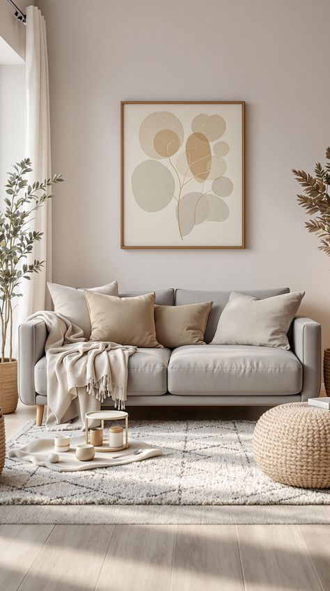 Grey Couch Living Room Grey Sofa In Beige Living Room, Beige Linen Sofa Living Room, Grey And Beige Home Decor, Grey Couch Neutral Living Room, Beige Grey Living Room, Light Grey Couch Living Room Ideas, Warm Grey Living Room, Grey Beige Living Room, Cream Grey Living Room