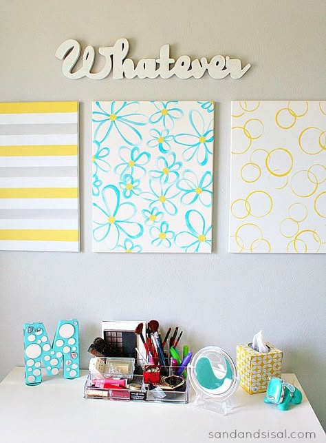 Easy DIY Wall Art - Yellow + Gray + Turquoise Workspaces Design, Teen Room Makeover, Turquoise Home Decor, Cuadros Diy, Wall Art Tutorial, Teal Wall Art, Diy Wand, Simple Wall Art, Diy Canvas Wall Art