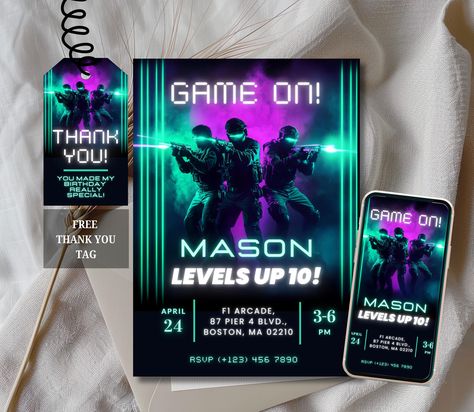 Laser Tag Birthday Invitation Template, Laser Tag Invitation, Neon Glow, Green Blue Glow, Laser Tag Party, Laser Tag Party, Editable Canva Laser Tag Invitations, Laser Game, Laser Tag Party, Laser Tag Birthday, Glow Green, Blue Glow, Laser Tag, Teen Birthday, Birthday Invitation Template