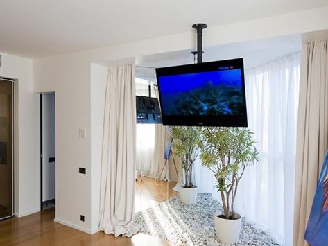 Tv From Ceiling, Hanging Tv Ideas, Tv Hanging From Ceiling, Tv Ceiling Mount, Hanging Tv, Ceiling Tv, Basement Bedroom, Large Tv, Rack Tv