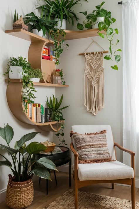 Design a cozy bohemian corner with elegant curved wooden shelves. Adorn them with tropical plants and macrame hangings for a lush and serene vibe. #BohoDecor #CozyCorners #TropicalVibes #MacrameLove #WoodenShelves #BohemianStyle #PlantLovers #HomeInspiration #BohoChic #LushLiving Cozy Bohemian, Earth's Core, Macrame Hanging, Boho Aesthetic, Tropical Vibes, Tapestry Weaving, Wooden Shelves, Tropical Plants, Earthy Tones