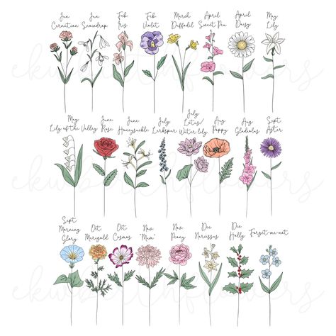 The entire birth flower collection! #tattooideas #floralart #floraltattoo #flowertattoo #botanicalart #botanicalillustration #botanicaltattoo #birthflower #birthflowers #bouquetofflowers #floraldrawing #ekwbirthflowers Birthflower Tattoo Birth Month, Birth Month Flower Bouquet, Flower Bouquet Tattoo, Tattoos Inspo, Flower Tattoo Drawings, Bouquet Tattoo, Tasteful Tattoos, Birth Flower Tattoos, Watercolor Tattoos