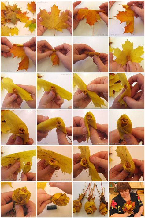 awesome fall project- or for a wedding?! Paper Giraffe, Simple Paper Craft, Leaf Art Diy, Leaf Bouquet, Origami Paper Craft, Simple Origami, Leaf Projects, Fall Arts And Crafts, Leaf Crafts