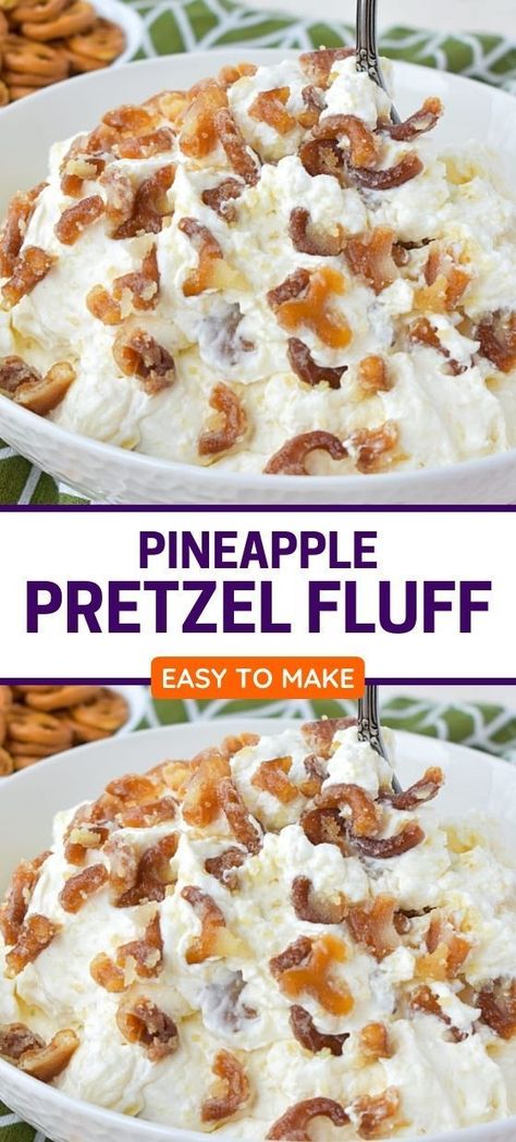 Pineapple Pretzel Fluff Pineapple Pretzel Fluff, Pretzel Fluff, Pineapple Pretzel Salad, Fluff Recipes, Fluff Salads, Pineapple Fluff, Fluff Salad Recipes, Pretzel Desserts, Easy Fruit Salad Recipes