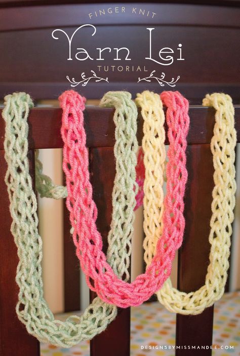 Finger Knit Yarn Lei Tutorial | Designs By Miss Mandee. Easy craft. Craft idea for kids. Cheep craft. Knitting Necklace, Yarn Lei, Lei Tutorial, Lei Ideas, Lei Making, Finger Knitting Projects, Finger Knit, Easy Yarn Crafts, It's Thursday