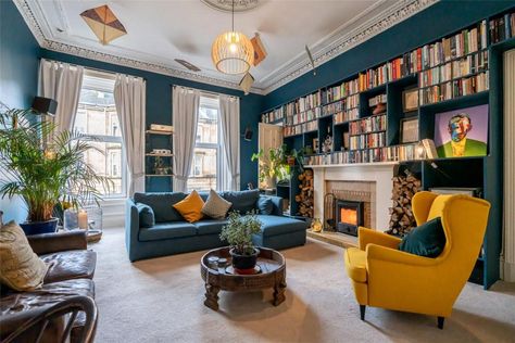 Stunning Pollokshields tenement with wall of books and unique kitchen up for sale - Glasgow Live Tenement Living Room, Living Room Tenement, Edinburgh Tenement Interiors, Tenement Flat Interiors Glasgow Living Room, Glasgow Flat Interior, Wallpaper On One Wall, Glasgow Tenement Living Room, Cottagecore Maximalist, Teal Bookshelves