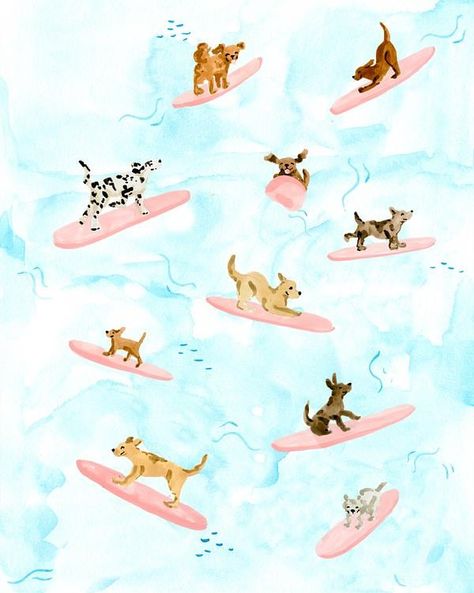 Dogs Surfing, Surfing Dog, Sabina Fenn, Colorful Coastal, Dog Wallpapers, Flamingo Design, Sports Track, Surf Decor, Shot Put