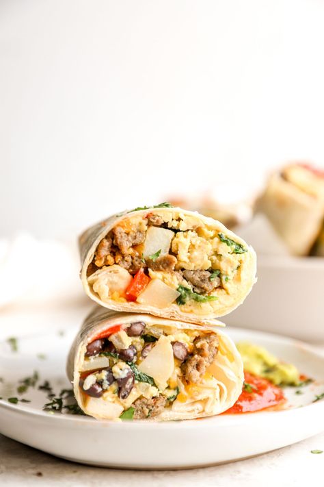 High Protein Breakfast Burrito Protein Breakfast Burrito, High Protein Breakfast Burrito, Easy Meal Prep Breakfast, Best Breakfast Burritos, Quick And Easy Meal Prep, Sausage Beans, Breakfast Burrito Recipe, Healthy High Protein Breakfast, Black Bean Burrito