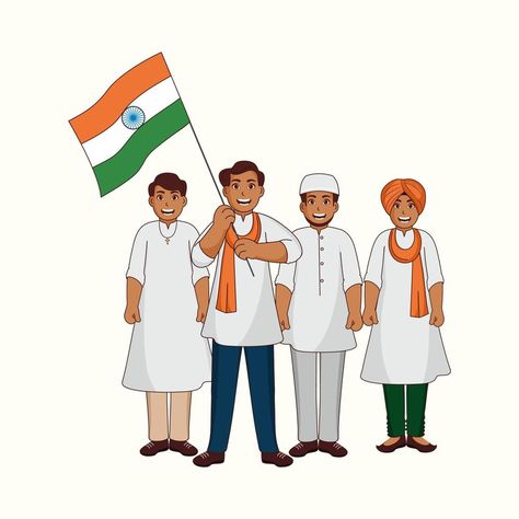 Different Religion Men Showing Unity In Diversity Of India With Hold National Flag On White Background. Indian Unity, Unity Drawing, Kohli Wallpapers, School Art Activities, Virat Kohli Wallpapers, Indian Wedding Photography Couples, Indian People, India Flag, Unity In Diversity