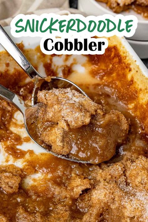 Snickerdoodle Cobbler tastes like a fresh batch of cinnamon sugar cookies baked into a gooey pie. Perfect with a scoop of vanilla ice cream! This Snickerdoodle version is a fun alternative because it takes the idea of a cobbler, but with the flavors of your favorite childhood cookie. Snickerdoodle Cobbler Krusteaz, Peach Snickerdoodle Cobbler, Snickerdoodle Fruit Cobbler Sprite, Fall Cobbler Recipes Easy, Dessert For Family Dinner, Brown Butter Cream Cheese Snickerdoodle Cobbler, Crockpot Desserts For A Crowd, Easy Amazing Desserts, Rainy Day Desserts