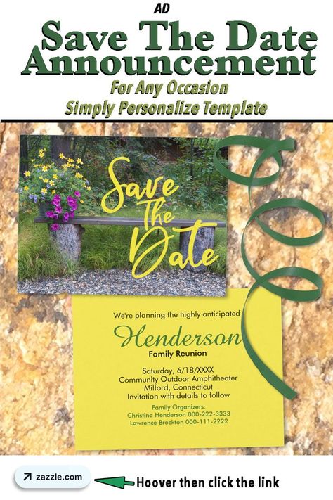 VISIT the link to find several variation of this photo and SAVE THE DATE family reunion design which can be personalized for any special occasion announcement. SAVE the pin for easy access later. BE SURE to follow @papremporium here on PINTEREST for more party planning ideas. Save The Date Family Reunion, Family Reunion Save The Date Ideas, Bench With Flowers, Family Reunion Save The Date, Family Reunion Design, Reunion Design, Family Reunion Invitations, Reunion Invitations, Party Planning Ideas