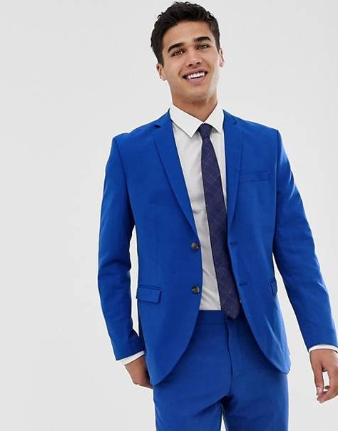 Jack & Jones Premium stretch slim suit jacket in electric blue Electric Blue Suit, Check Suits, Slim Suit Pants, Blue Suit Men, Dinner Suit, Slim Blazer, Slim Fit Tuxedo, Slim Suit, Tuxedo Blazer